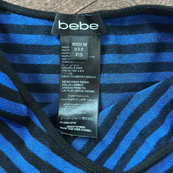 Bebe One Shoulder Bodycon Blue & Black Stripe Dress Small - Picture 2 of 6